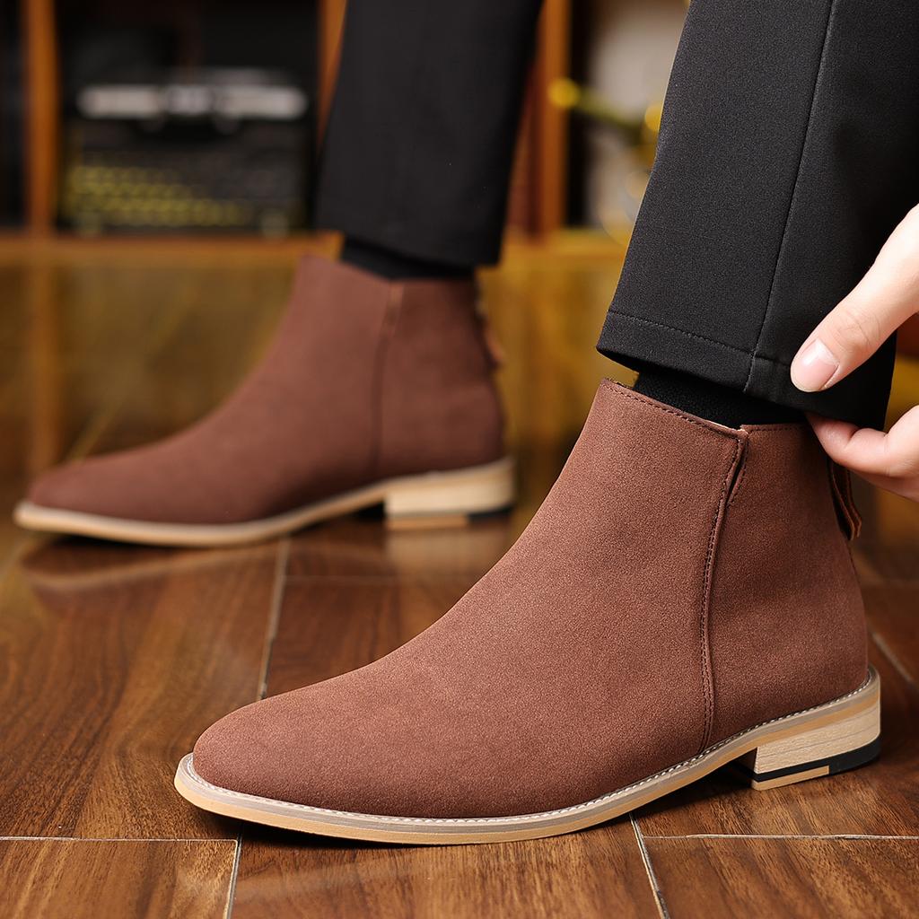 New Men's Genuine Leather Fashion Boots Business Casual Zip Boots Cushioned Insole Slip-Resistant Sole with Soft and Comfortable