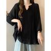 Ruffles Belly-Covering Chiffon Shirt Loose Slim Looking Short Sleeve