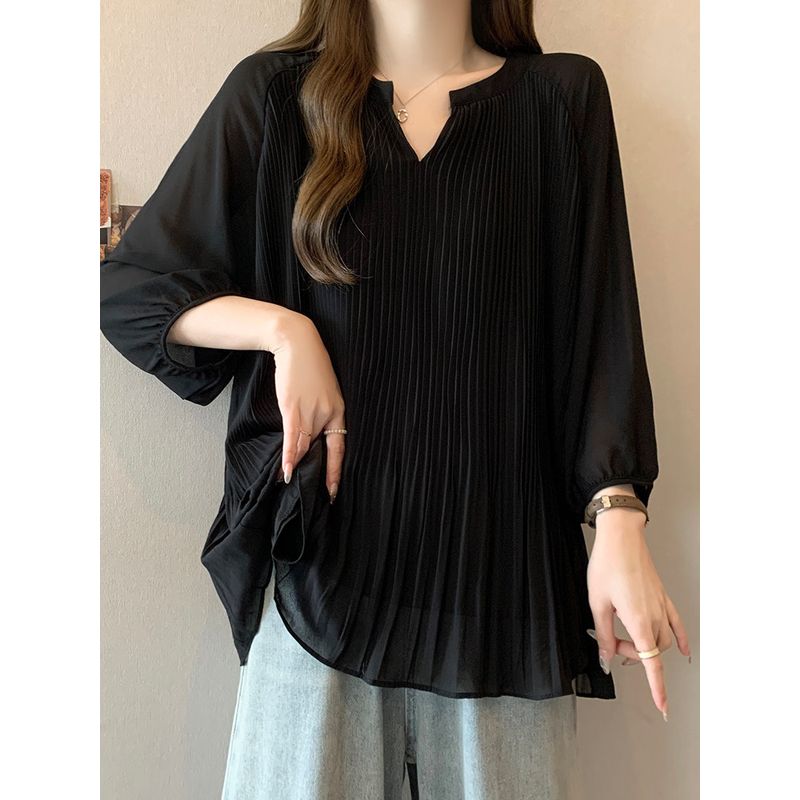 Ruffles Belly-Covering Chiffon Shirt Loose Slim Looking Short Sleeve