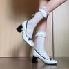 Mary Jane Shoes Women's Round Head Bow Pearl One-word Buckle Belt with Skirt Thick Heel Single Shoes