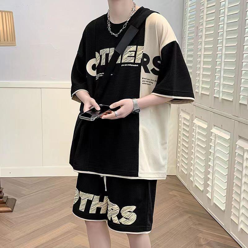 

Модная вафельная футболка с коротким рукавом и повседневный спортивный костюм для мальчиков-подростков XL чёрный