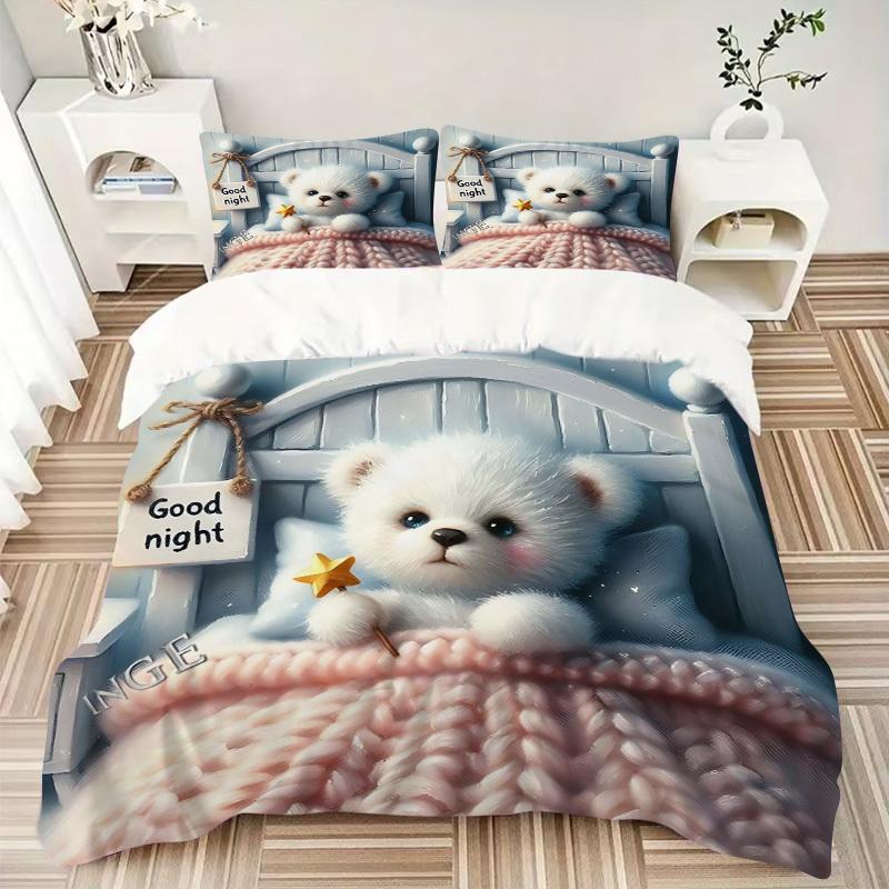 3pcs Anime Cartoon Teddy Bear Bedding Set - Includes One Quilt Cover and Two Pillowcases (No Core) - Perfect for Bedroom and Guest Room Deco