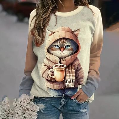 Herbst Baumwolle Damen T-Shirt Langarm Katzendruck Street Fashion O-Ausschnitt Cartoon T-Shirt Weiblich Übergroße Kleidung Casual Tops