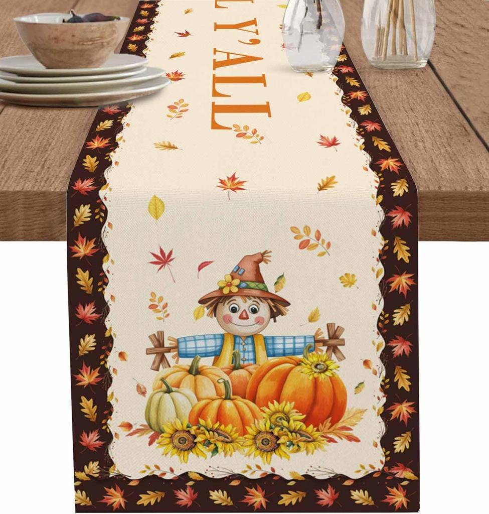 Thanksgiving Autumn Straw Man Linen Table Runner for Table Decor Fall Pumpkin Maple Leaf Kitchen Dining Table Runners Home Decor