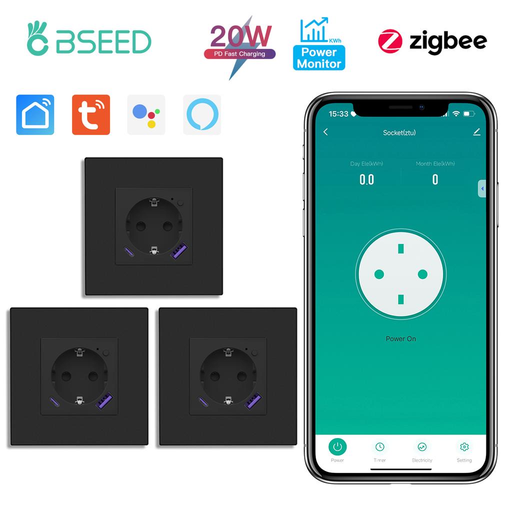 BSEED Zigbee Wall EU Socket Tuya Smart Socket With 20W Type-c USB Power Charging Ports Plastic Matte Frame 1/2/3/4/5/6 Packs