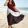 Women's Casual Loose Fit Bohemian Style Gradient Print Short Sleeve V Neck Midi Dress with Elastic Waist and Flowing Skirt for Everyday Wear