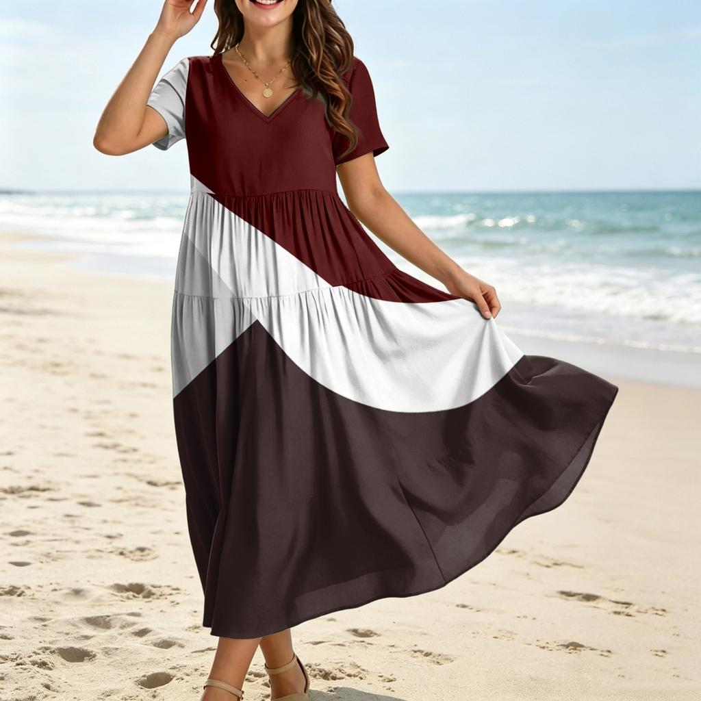 Women's Casual Loose Fit Bohemian Style Gradient Print Short Sleeve V Neck Midi Dress with Elastic Waist and Flowing Skirt for Everyday Wear
