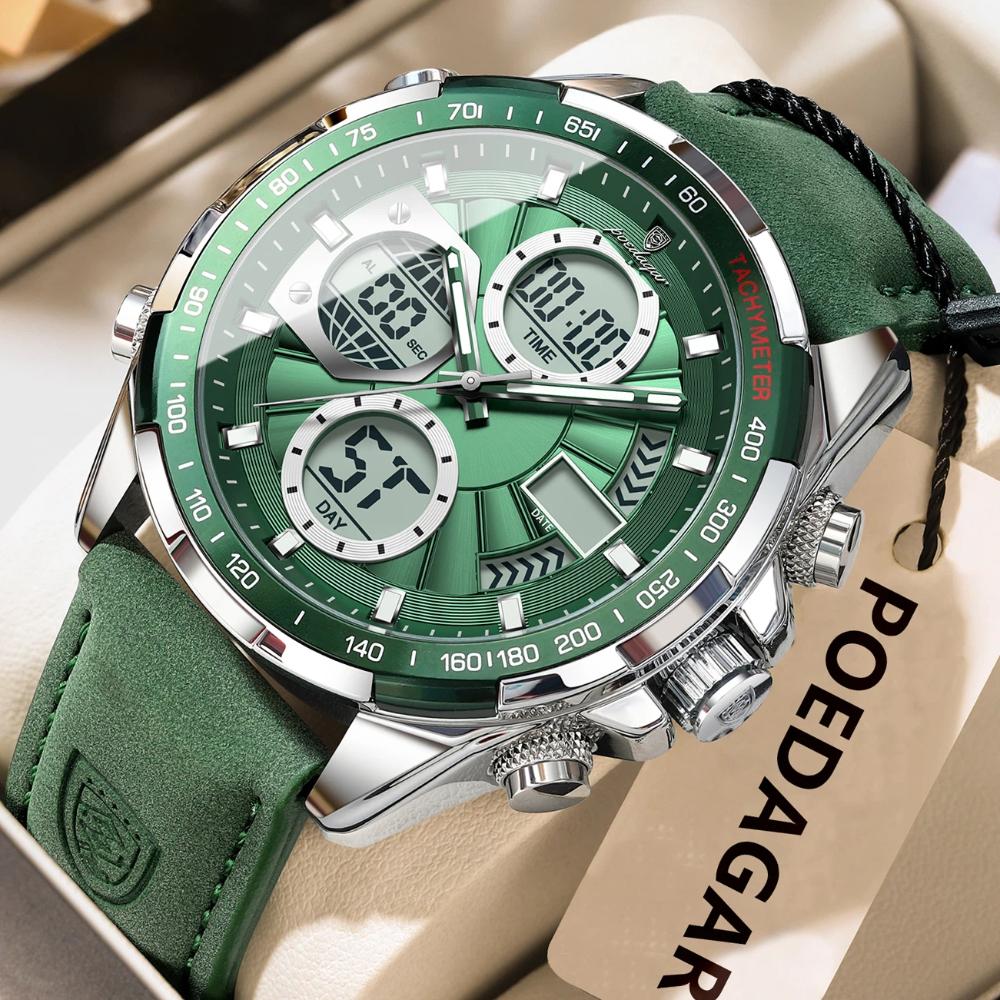 POEDAGAR Luxury Men Watch Luminous Week Date Digital LED Quartz Clock Alarm Dual Time Display Electronic Watches