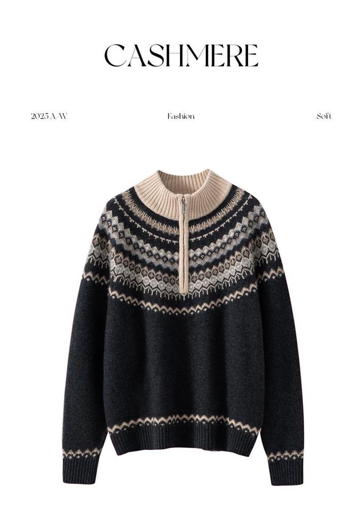 Fair Isle Cashmere Sweater: Autumn/Winter Retro Knit, Thick & Loose Fit