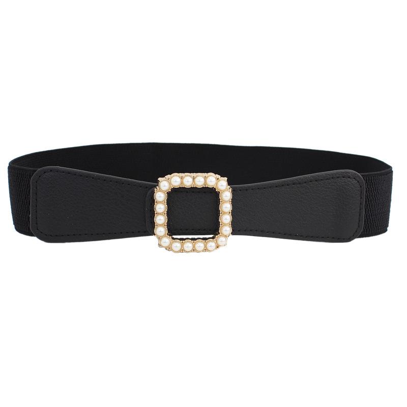 Square Pearl Inlaid Smooth Buckle Elastic Belt Women'S Dress Decoration Elastic Thin Waist Seal Three Sizes