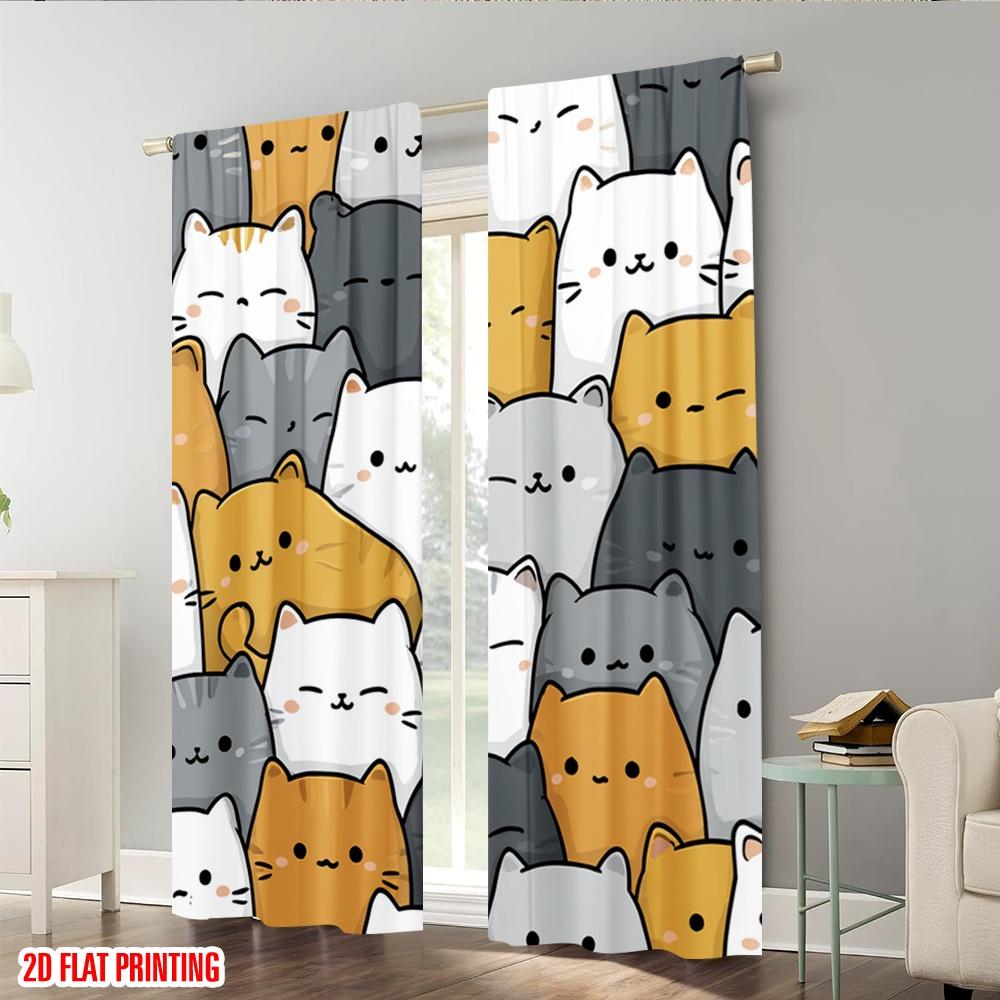 2 Stück 2D-Flachdruck Fensterbehandlung Vorhänge Niedliche Katzen Kawaii 100% Polyester Ohne Strom 0 für Wohnzimmer Außenbereich