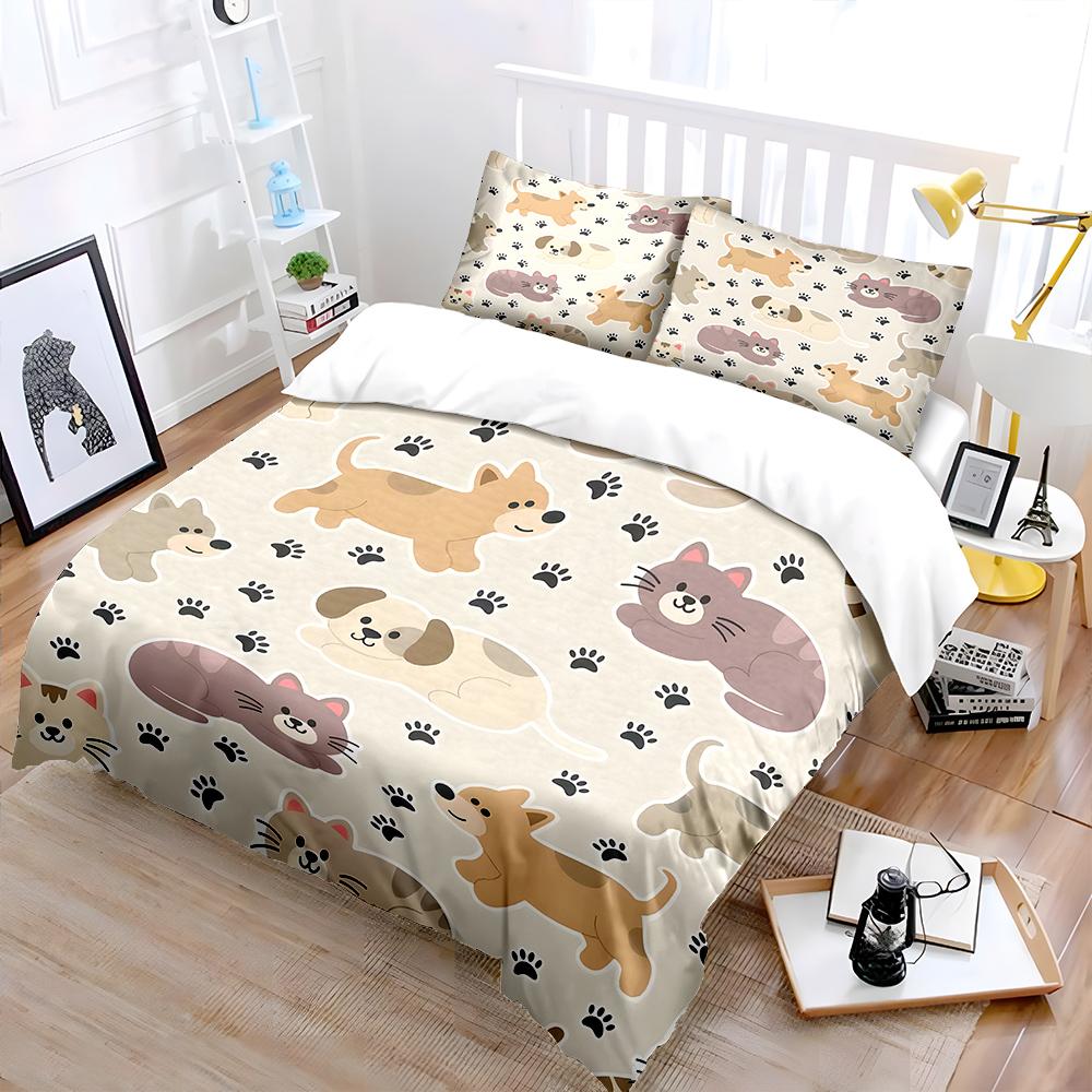 Cartoon Cat And Dog Themed Paw Prints Bedding Set 1 Duvet Cover 2 Pillowcases For Adult And Children Luxury Gift Full Size