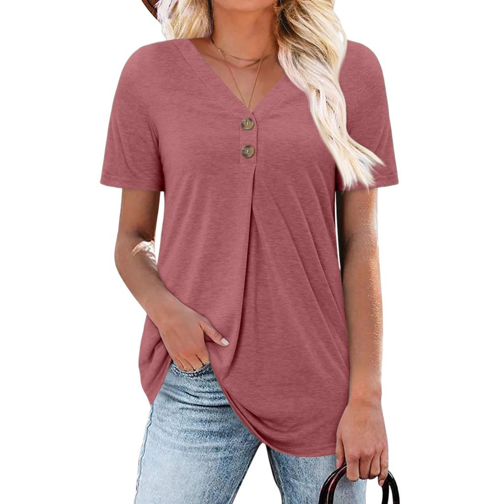 Women's Fashion Casual Short Sleeve Buttoned V-Neck T-Shirt Top