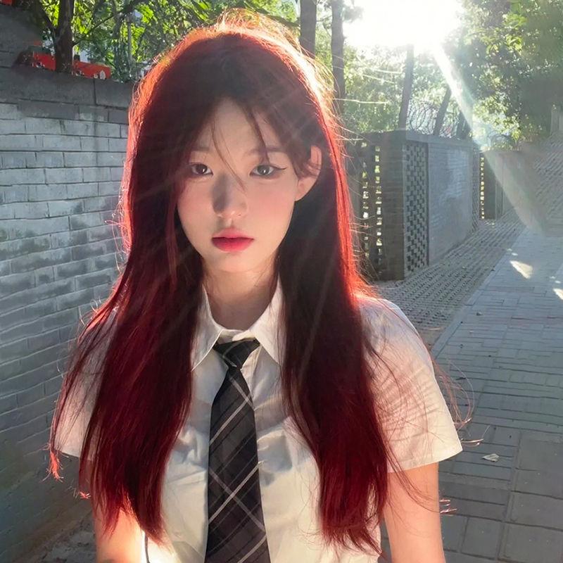 Fashion Raspberry Red Long Straight Hair Synthetic Wig with Air Bangs High Quality Women's Stylish Wig