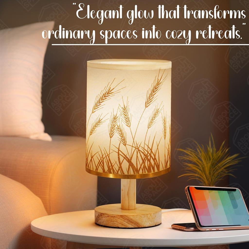 Noční lampička - Stolní lampička na čtení k posteli s dřevěnou základnou s motivem pšenice na noc, do ložnice, obývacího pokoje, domov a dekorace