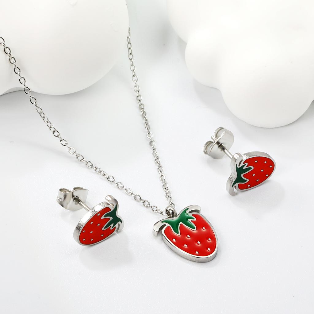Sweet Strawberry Fruit Drip Oil Necklace Earrings Jewelry Set Cute Gift For Women Girls