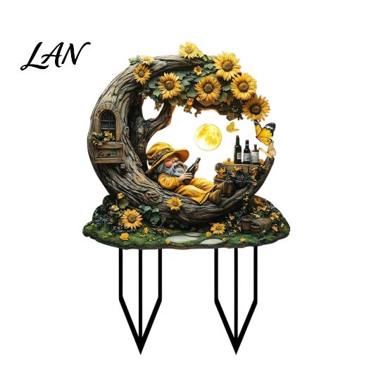Acrylic Gnome Yard Art Lying Garden Stake, Whimsical Sunflowers Moon Waterproof Decorative Lawn Stake Fairy Tale Ornament for Outdoor Courtyard Flower A