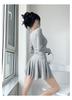 Sexy Pure Desire Ballet Style U-neck Waist Pleated Skirt Long-sleeved Dress Women's Summer High-waisted Shorts Two-piece Set