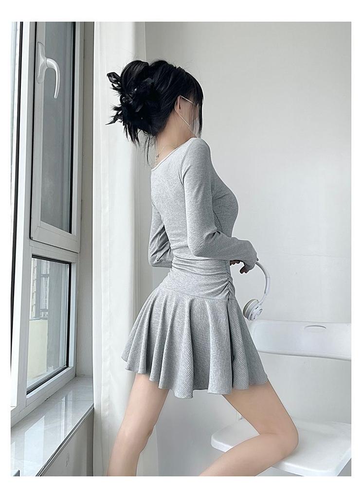 Sexy Pure Desire Ballet Style U-neck Waist Pleated Skirt Long-sleeved Dress Women's Summer High-waisted Shorts Two-piece Set
