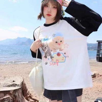 Spring Autumn American Retro Cartoon Print Tshirt Women Harajuku Long Sleeve O-Neck T-Shirts Casual Oversized T Shirt Femme Black Y2k Tops Streetwear