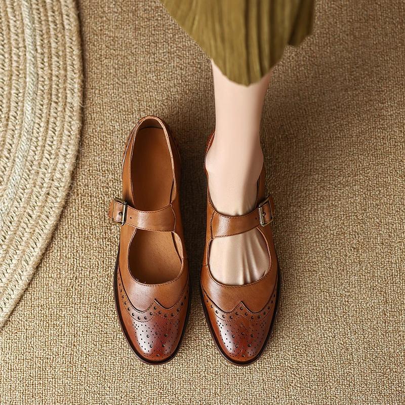 Fashion 2024 New Genuine Leather Low Heel Mary Jane Shoes Spring Women Shoes Chunky Heel Round Toe Shoes Women Pumps Retro Loafers