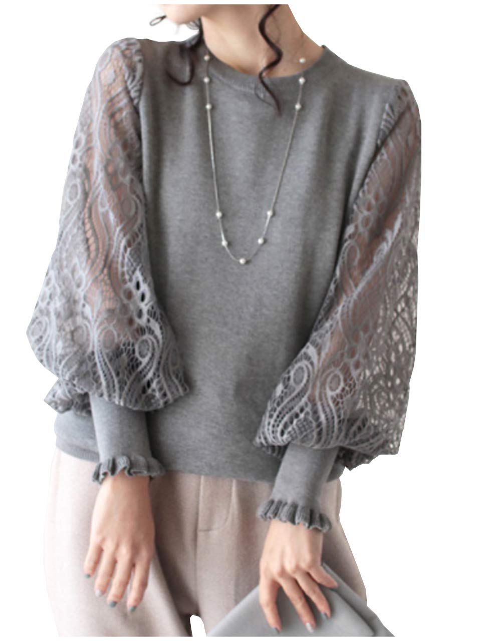 ONE UMB One UMB Lace Puff Sleeve Knit Floral Long Round Plus Solid Size Gray BlouseSweaterTop Pullover Ribbed Ruffled Sheer Print Sleeves 6096₽