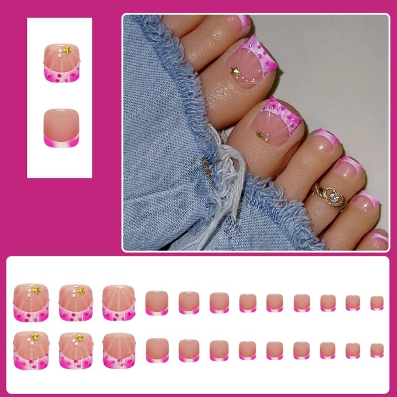 24Pcs 3D Star False Toenails Pearls Shine Coating Plastic Nail Art For Women Long Comfort Multipurpose