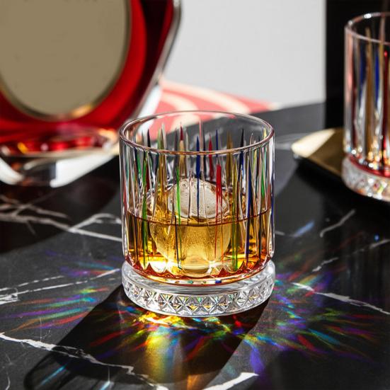 Bicchiere Colorato in Vetro Dipinto a Mano, Tumbler da Whiskey Inciso a Strisce, Bicchieri da Liquore Vintage per Home Bar Festa