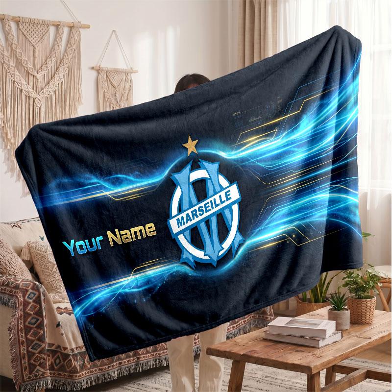 Olympique Marseille FC Personalized Fleece Blanket With Football Logo, Custom Name Text Soft Warm Home Throw Blanket