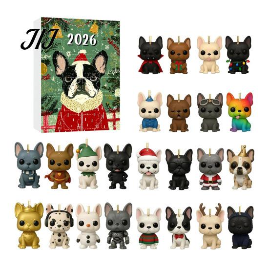 Collectible Dog Ornaments Bulldog Advent Calendar 2026, 24 Days Acrylic Puppy Christmas Countdown Calendar, Decorative Animal Pendant 2D Flat