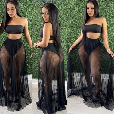 3 Adet/Set Yelek Etek Seti Seksi Straplez Üstler Yüksek Bel Külotlar File Pileli Uzun Etek Seti Düz Renk Kıyafet