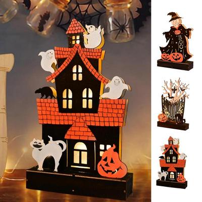 Leuchtendes Spukhaus Halloween-Thema Tischaufsatz Holz Spukiger Tischlicht Batteriebetrieben Geisterhaus Dekoration