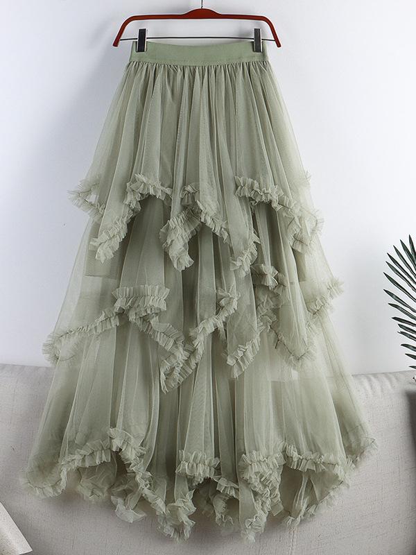 2026 Spring-Summer Women's High-Waisted Irregular Mesh Ruffle Layered Long Skirt