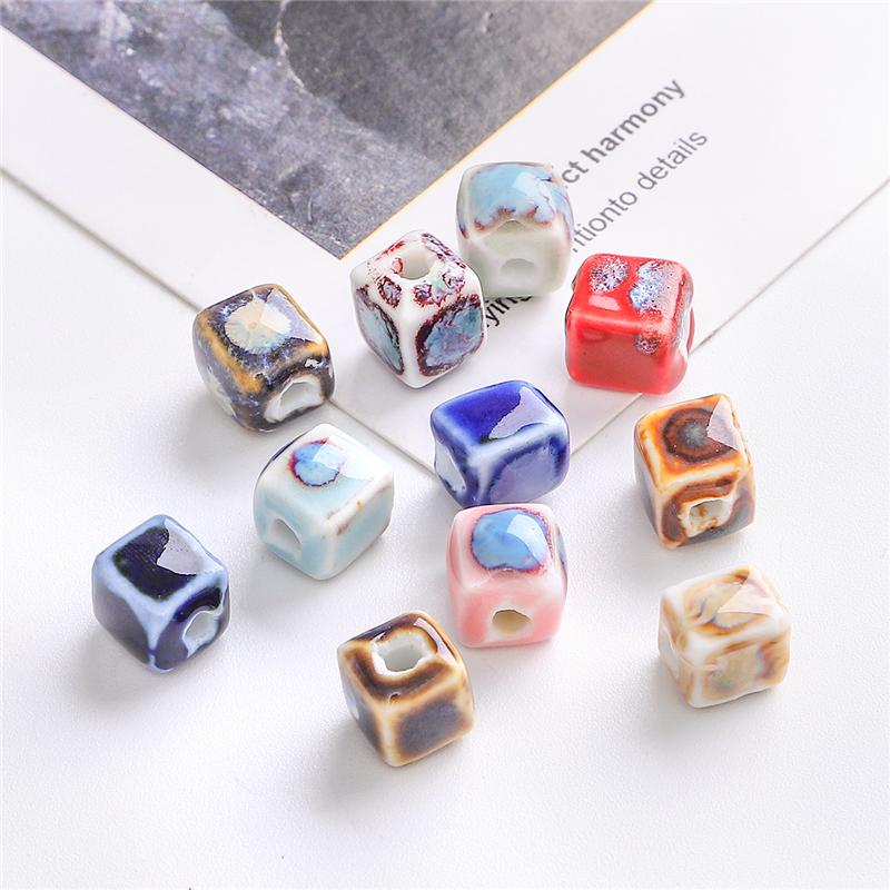10 Stück 7 mm quadratische Blumenglasur-Porzellanperlen, Würfel, Keramikperlen für Schmuckherstellung, DIY-Charms, Armbänder, Halsketten, Basteln