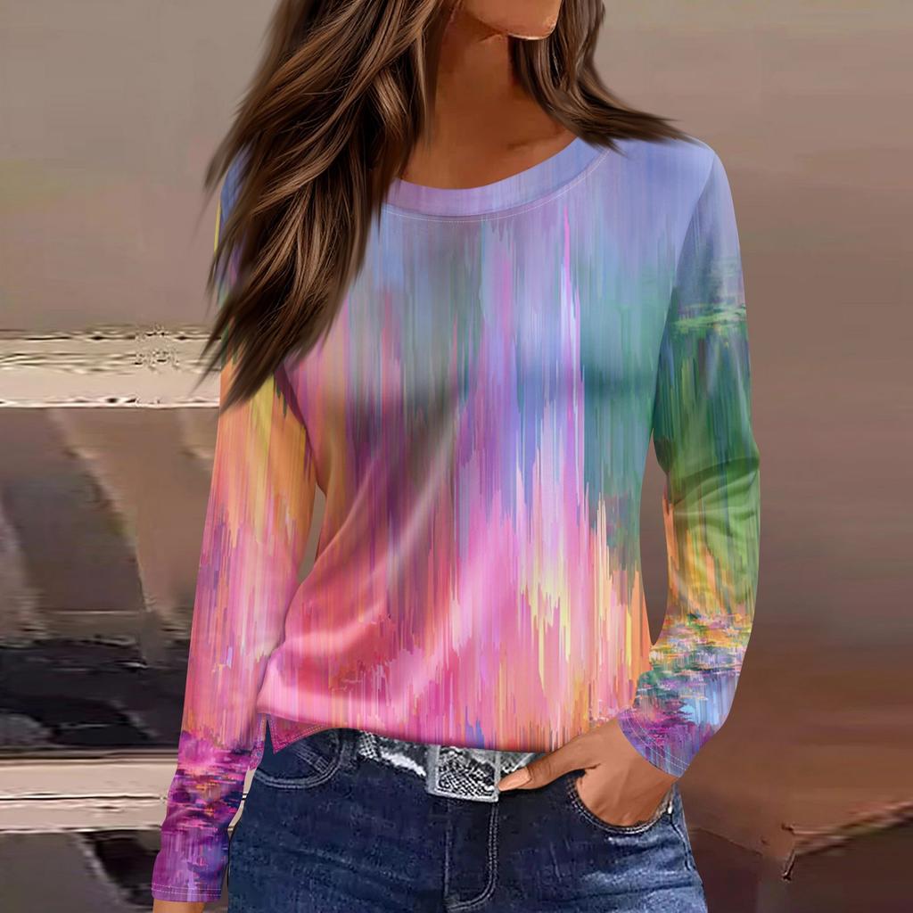 Women's Fashion Hem Slit Casual Floral Print Round Neck Long Sleeve Top