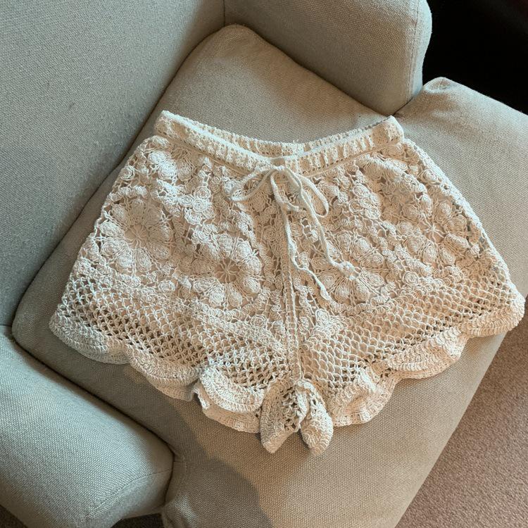 Women's Lace Hollow-Out A-Line High Waist Wide-Leg Three-Quarter Sports Shorts - Summer Anti-Exposure Style