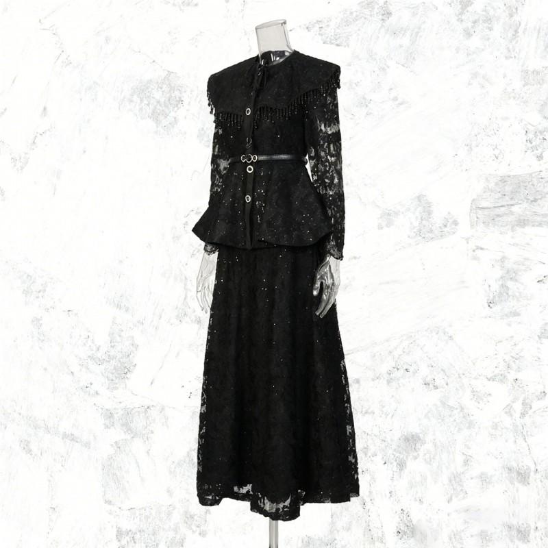 Court Style Lace Embroidery Solid Color Suit Large Lapel Waist Ruffled Top + A-shaped Long Dress