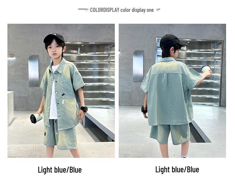 Boys' Summer Denim Short Sleeve and Shorts Set - 2025 Trendy Two-Piece for Middle and Big Kids