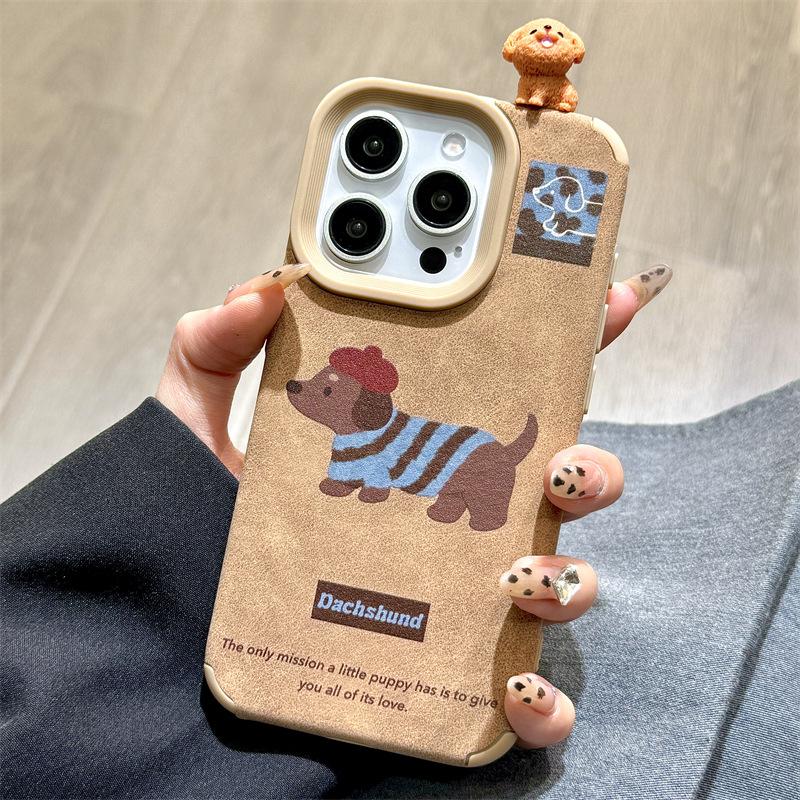 Autumn and Winter Leather Cute Dog Three dimensional Doll Iphone16promax Apple 14 Mobile Phone Case 15 13 Cartoon
