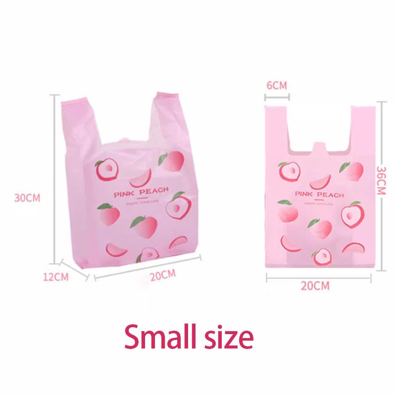 50pcs Disposable Peach Fruit Pattern Hand Bag Packaged Flower Takeaway Bags Snack Double Ear Plastic Vest Handle Shopping Pouch