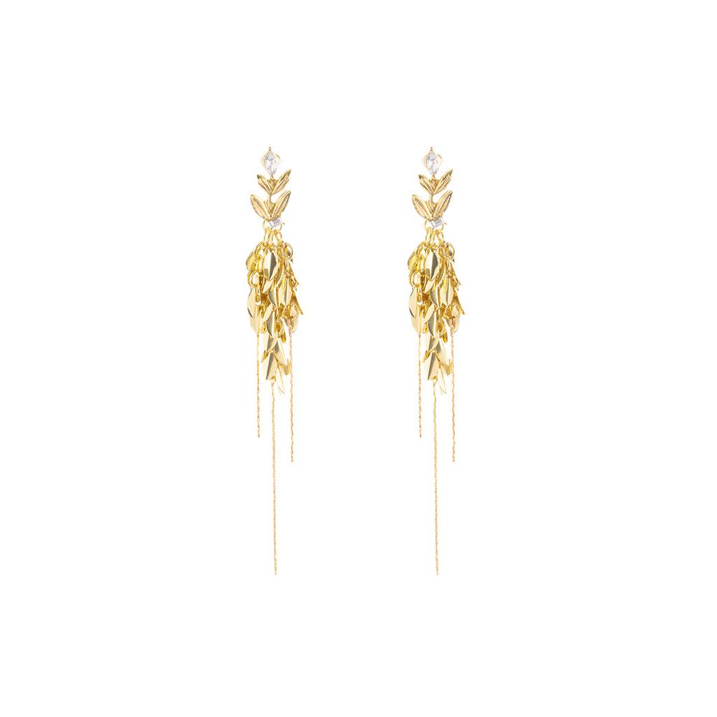 Silver Needle European and American Style Personalized Long Fringed Earrings Retro Metal Wheat Ear Leaf Earrings Premium Light Luxury Earrings