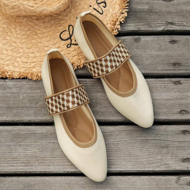 Strikkede fargeblokker Flate sko for kvinner Dressy Ballett Flats Uformelle stripete stropper Spissede tå Loafers Dame