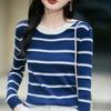 Women's French Color Block Striped Knitwear: Korean Style Long Sleeve Slim Fit Base Sweater