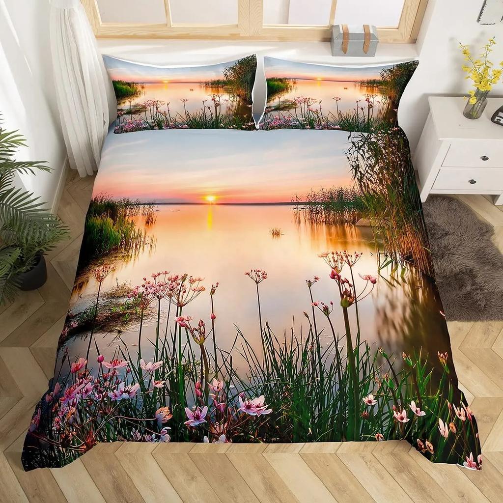 Nature Landscape Duvet Cover Sunset Comforter Cover Lake Landscape Bedding Set Polyester Spring Flower Bedspread Cover King Size