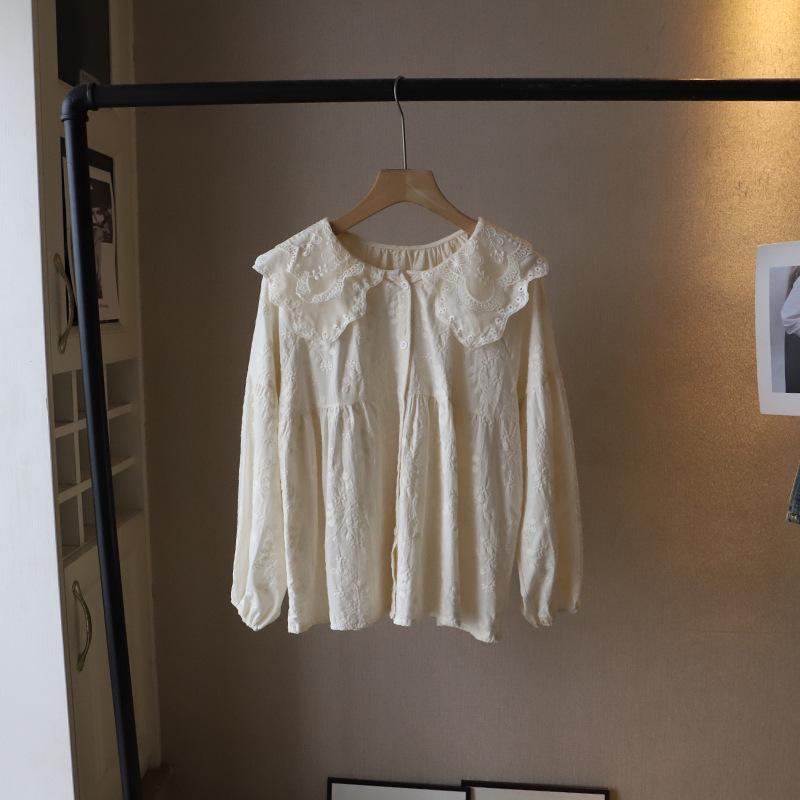 

Весна 2025 Корейский стиль Воротник Питер Пэн Свободный рукав-пузырь Длинный рукав Женский топ One Size абрикосовый