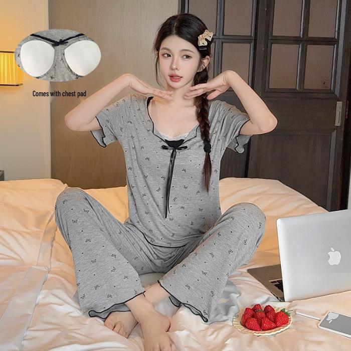 Korean Women s V-Neck Pajama Set: Short Sleeve, Long Pants, Chest Pads, Comfortable Modal, Spring/Autumn. XL