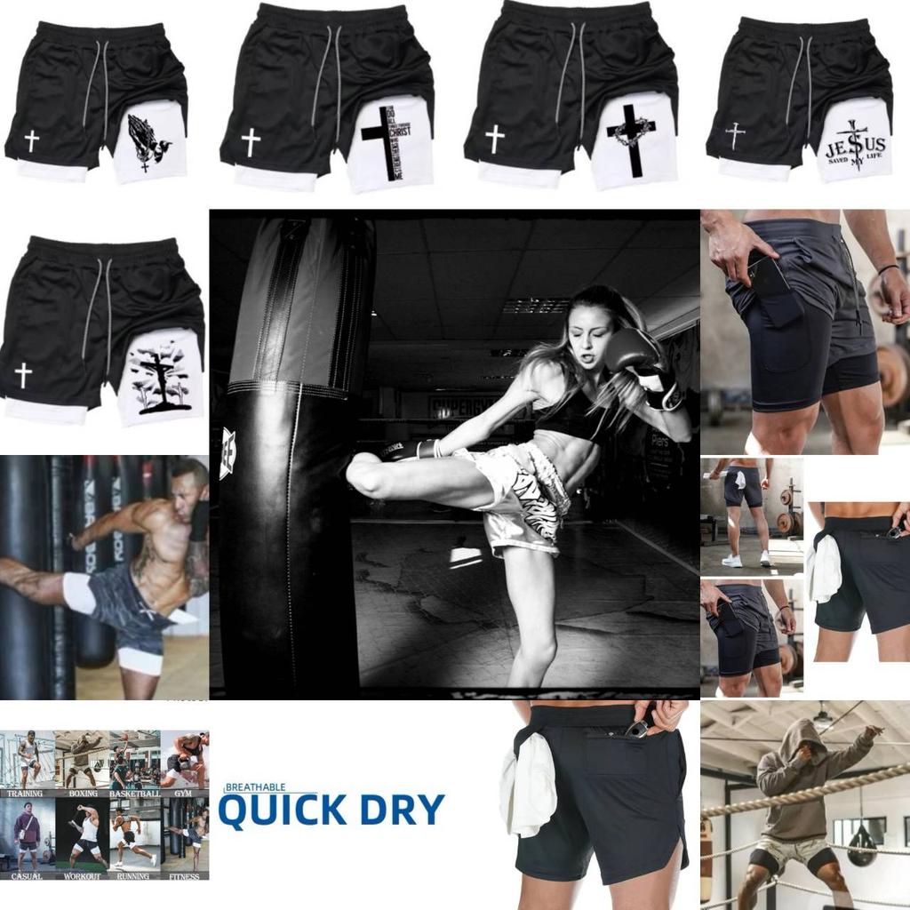 Cross Christian God Bible Pray Faith Jesus Muay Thai Kick Boxing MMA Double Layer Shorts Men Women Unisex Quick Dry Training Sport Gym Fitness Workout