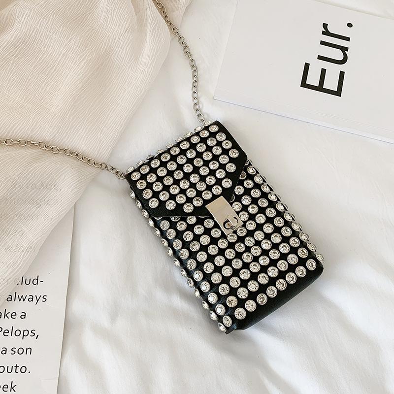

New Rhinestone Shoulder Bags Women mini Square Phone Prom Crossbody Messenger Bag Casual Black Pu Leather Diamonds Waist Wallets