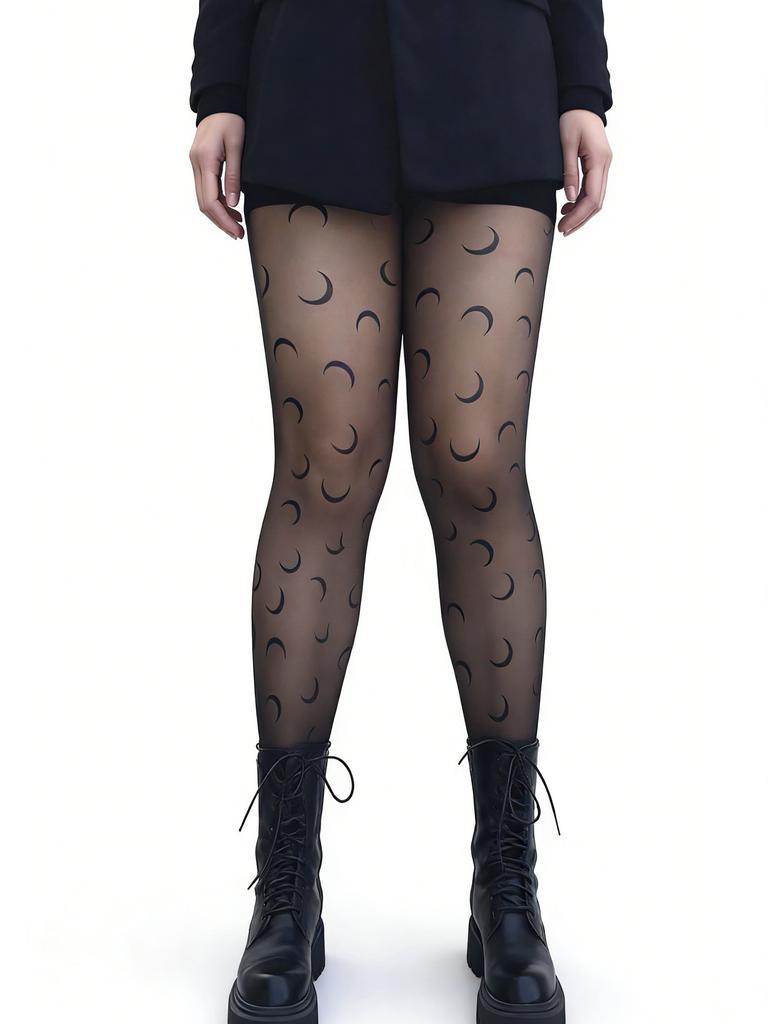 1 Stück Schwarze Mond-Print Netzstrumpfhose Für Damen, Valentinstags-Exklusiv, Romantisches Mondmuster, Anti-Laufmaschen & Schlankmachend, Perf