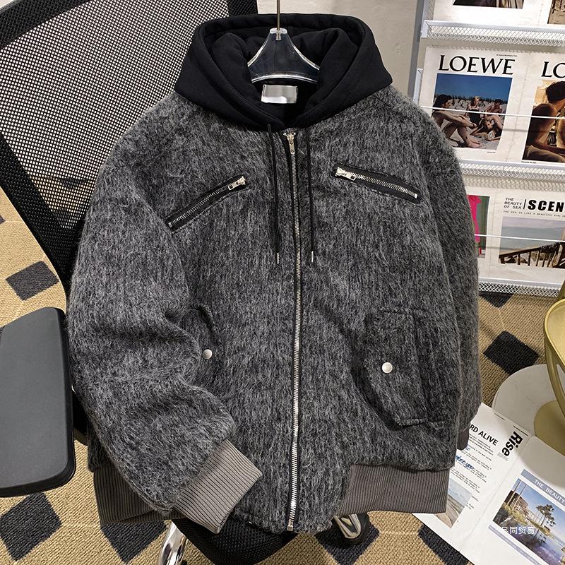 Men's Hooded Woolen Coat: Trendy American Style, Fake Two-Piece, Cool Scoundrel Vibe for Spring, Autumn, and Winter